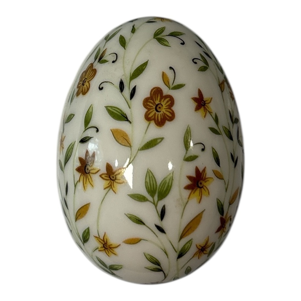 Vintage Lego Porcelain Small Egg Trinket Box w/ Yellow Tan Flowers Japan